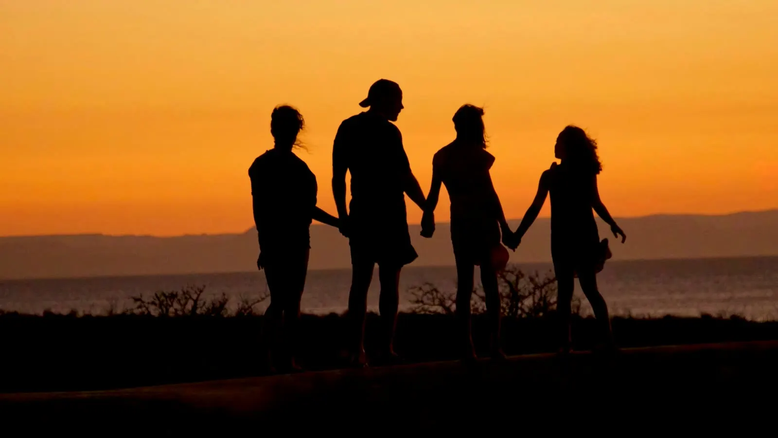 A family holding hands at sunset